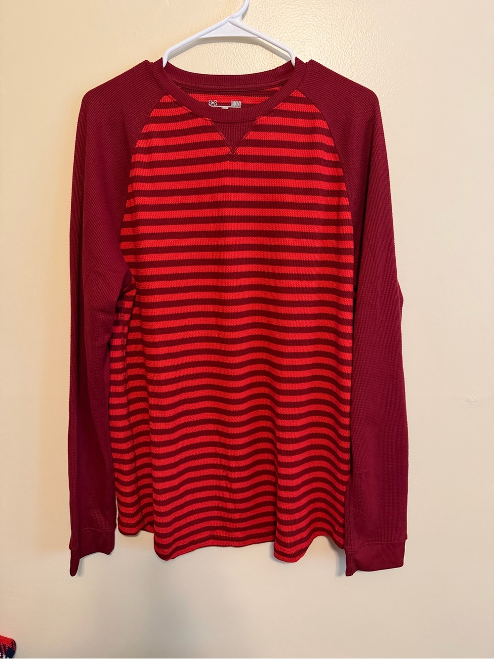 LG Men's Red and Burgundy Striped Crewneck Sweater